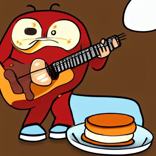 Image similar to an anthropomorphic pancake playing guitar