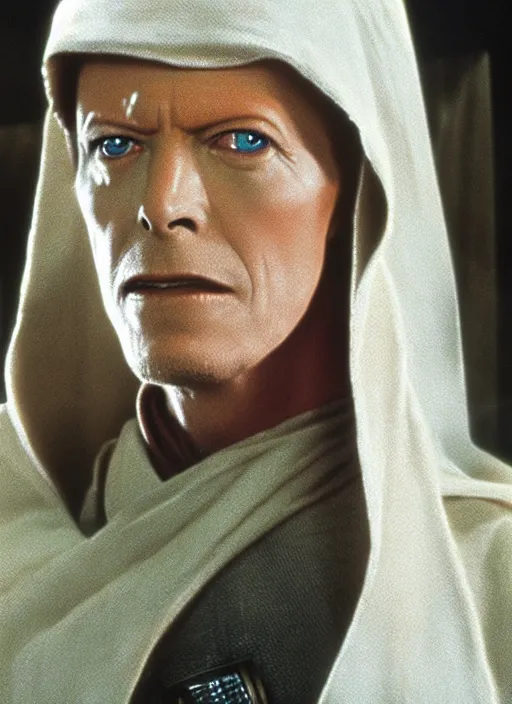 Image similar to david bowie as obi wan kenobi in star wars, movie frame, bluray