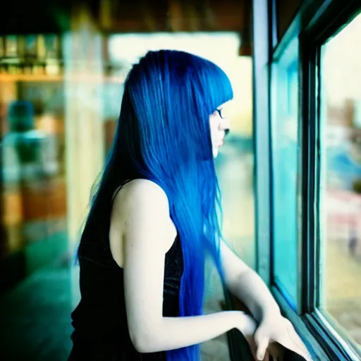 Prompt: an adorable goth girl with blue hair gazing out a coffee shop window, soft early morning light, cinematic angle, dreamy 3 5 mm film portrait