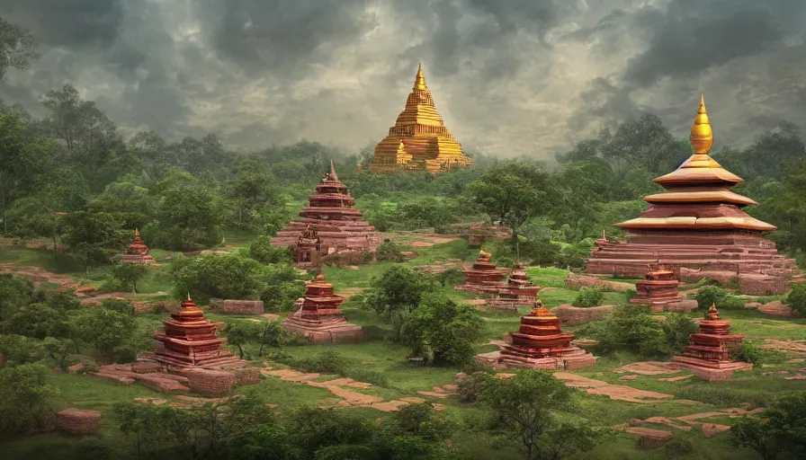 Prompt: matte painting of a beautiful mon - dvaravati village and buddhist temple and stupa made by brick, digital art, trending on artstation