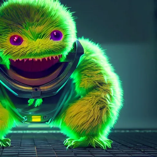 Image similar to high quality 3 d render cyberpunk very tennis ball monster highly detailed, unreal engine cinematic smooth, in the style of blade runner & detective pikachu, basil gogos, chalk, low angle, uhd 8 k, sharp focus, illustrated by basil gogos