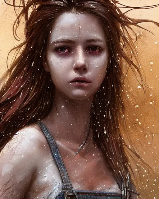 Prompt: fairy woman,, soft eyes and narrow chin, dainty figure, long hair straight down, torn overalls, nebula background, side boob, wet shirt, wet, raining, highly detailed face, realistic face, beautiful detailed eyes, fantasy art, in the style of greg rutkowski, illustration, epic, fantasy, intricate, hyper detailed, artstation, concept art, smooth, sharp focus, ray tracing, vibrant,