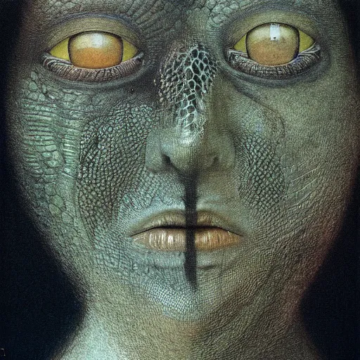 Image similar to portrait of lizard woman by Beksinski