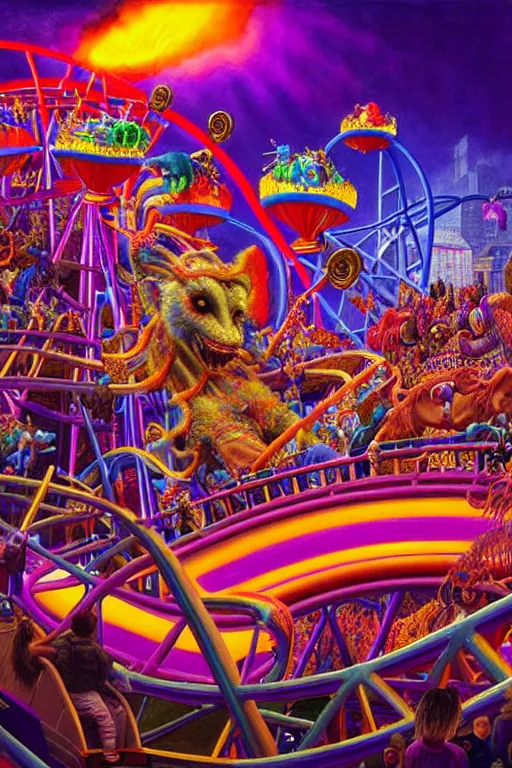 Image similar to a hyperrealistic detailed painting of a epic grandiose carnival in town with rides, games, prizes, glowing lights, colorful, chimeric creatures riding a rollercoaster. cinematic lighting, depth perspective, depth of field, cinematic angle, by chris cunningham and richard corben, highly detailed, vivid color,