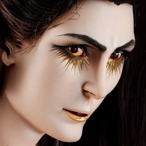Prompt: photo taken of an epic intricate, ultra detailed, super realistic bust of a majestic gracious regal aristocratic brunette female vampire created by weta workshop, menacing, some zoomed in shots, photorealistic, sharp focus, white wall, extremely cold blueish colour temperature, 3 5 mm, f 1. 4, golden ratio