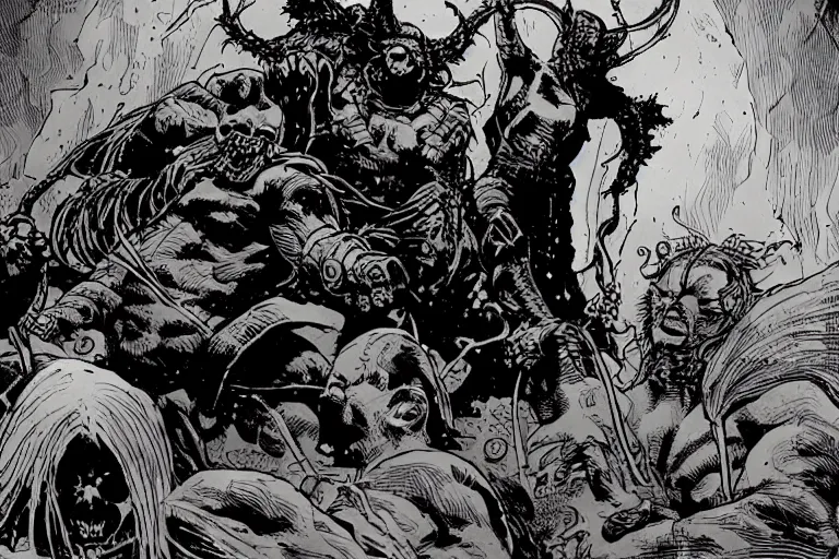Prompt: elden ring boss fight illustrated in the style of mike mignola 4k