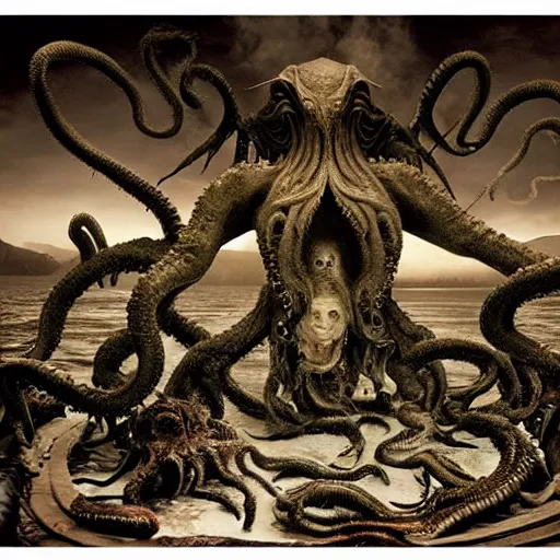 Image similar to invoking ritual of a cthulhu in a large landscape, photography by annie leibovitz