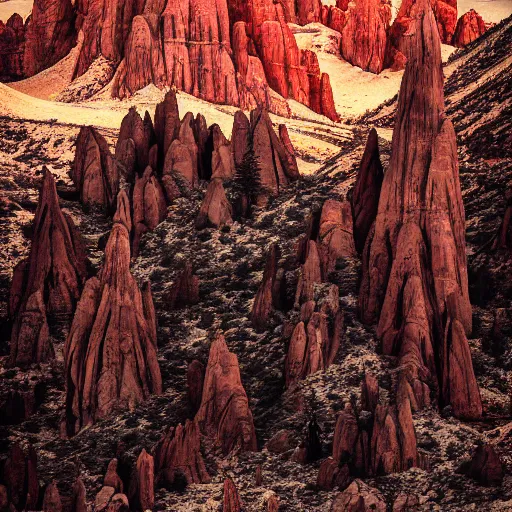 Prompt: hasselblad photograph of a epic dark gothic palace with tall spires made of hard red rock, gothic palace, GOTHIC PALACE! , bristlecone pine trees, ultrawide cinematic, dark dramatic skies, atmospheric, vultures