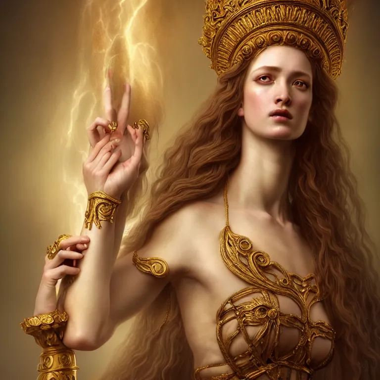 Image similar to renaissance style a wonderful female goddess with a wonderful face and realistic arms and hands and realistic 5 fingers and realistic body with long intricate hair with a beautiful porcelain symmetrical body dressed with a majestic warp ornate cream long cotton dress, hightly ornate, intricate, detailed, dramatic light, cinematic, award winning, octane render, tom bagshaw style