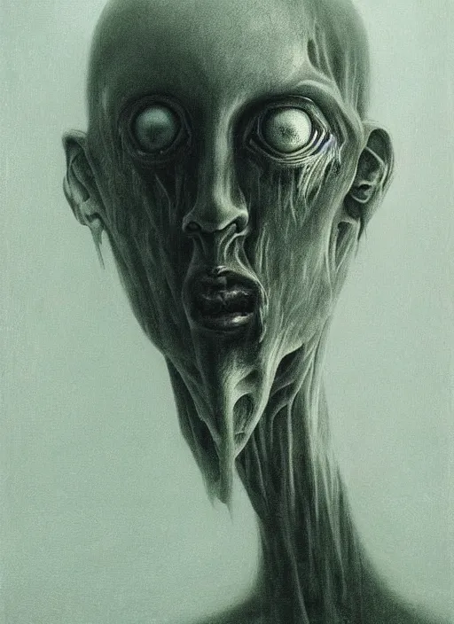 Prompt: black dramatic portrait of human painting with eyes instead of face, in the style of zdzisław beksinski, darkness, horror, body horror, scary