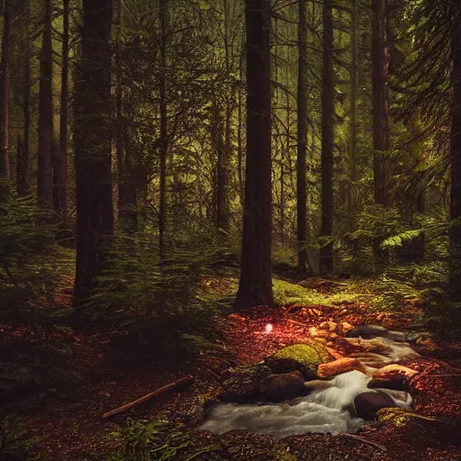 Prompt: dark pine tree forest clearing, with a small stream burbling along enclosed with fern, fireflies in the air, photorealistic, dimly lit, no breeze, mist over the ground, ground covered in pine needles and leafes