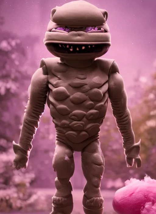 Prompt: Krang standing with black jar, enchanted, magical, cotton candy trees, cinematic shot, intricate, ornate, photorealistic, ultra detailed, realistic, 100mm, photography, octane, high definition, depth of field, bokeh, 8k, behance, artstation