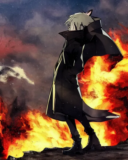 Image similar to a fox in a black trench - coat in front of a huge explosion in the middle of a war, style of anime