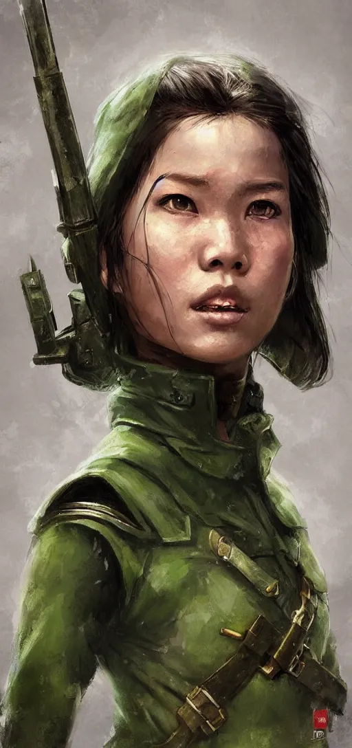 Image similar to portrait of vietnamese solider girl, green uniform, epic, elder scrolls art, fantasy, skyrim, hd shot, digital portrait, beautiful, artstation, by artgerm, guy denning, jakub rozalski, magali villeneuve and charlie bowater