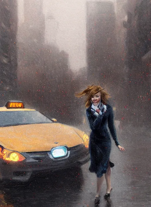 Prompt: emma stone getting out of a taxi in winter, artwork by gaston bussiere, craig mullins, trending on artstation