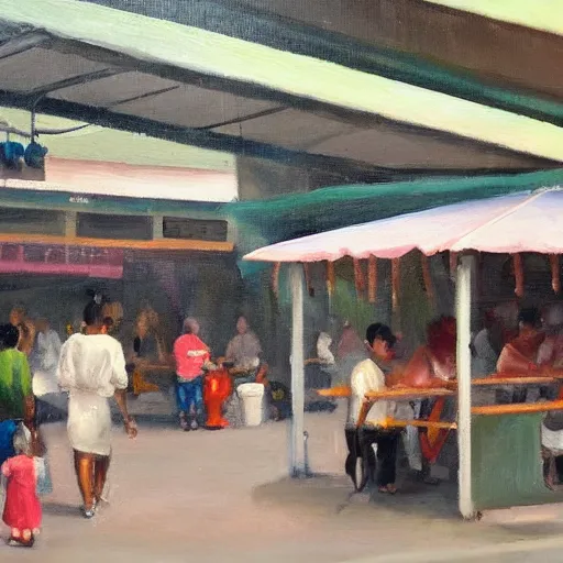 Image similar to an oil painting of a hawker centre