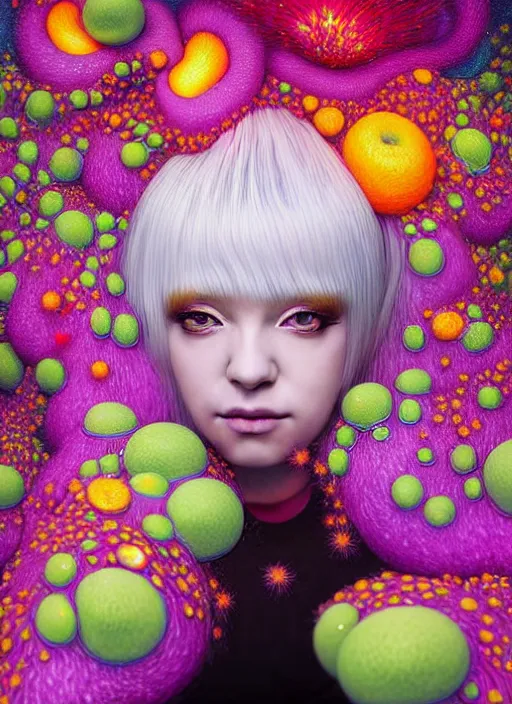 Image similar to hyper detailed 3d render like a Oil painting - kawaii portrait Aurora (white haired Singer Weasle) seen Eating of the Strangling network of yellowcake aerochrome and milky Fruit and Her delicate Hands hold of gossamer polyp blossoms bring iridescent fungal flowers whose spores black the foolish stars by Jacek Yerka, Mariusz Lewandowski, Houdini algorithmic generative render, Abstract brush strokes, Masterpiece, Edward Hopper and James Gilleard, Zdzislaw Beksinski, Mark Ryden, Wolfgang Lettl, hints of Yayoi Kasuma, octane render, 8k