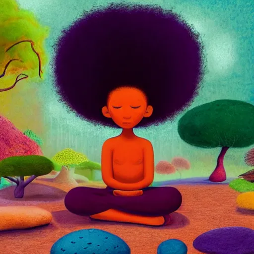 Image similar to a black girl with a colorful afro and big beautiful eyes meditating in an african zen garden with a waterfall!! and a baobab tree, bokeh!, bright colors, synthwave, watercolor, volumetric wool felting, felt, macro photography, children illustration, by goro fujita