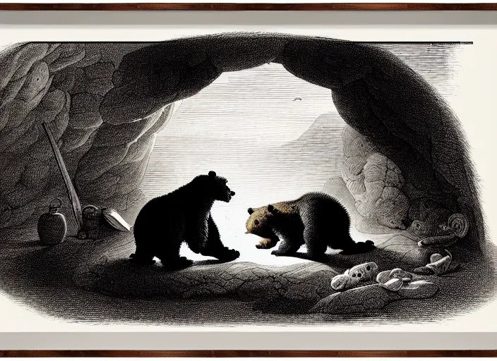 Image similar to Pieter Claesz's 'a bear and her cub sleeping in a dark cave, lit by hole in roof', night time, cross hatching, backlit, beautiful wooden frame, monochrome, colours of the sunset