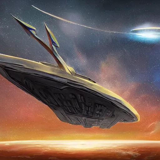 Image similar to concept art of a large space vessel in the shape of an spear by paul chadeisson