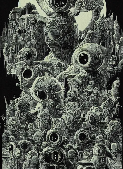 Image similar to teletubbies, grotesque, horror, high details, intricate details, by vincent di fate, artgerm julie bell beeple, 1980s, inking, vintage 80s print, screen print