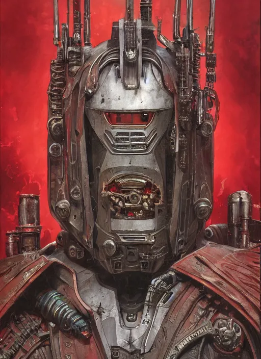 Image similar to portrait of adeptus mechanicus in red hood and robe and rotten flash head from Warhammer 40000. Highly detailed, artstation, illustration by and John Blanche and zdislav beksinski and wayne barlowe