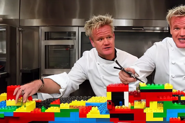 Image similar to gordon ramsey building a lego food