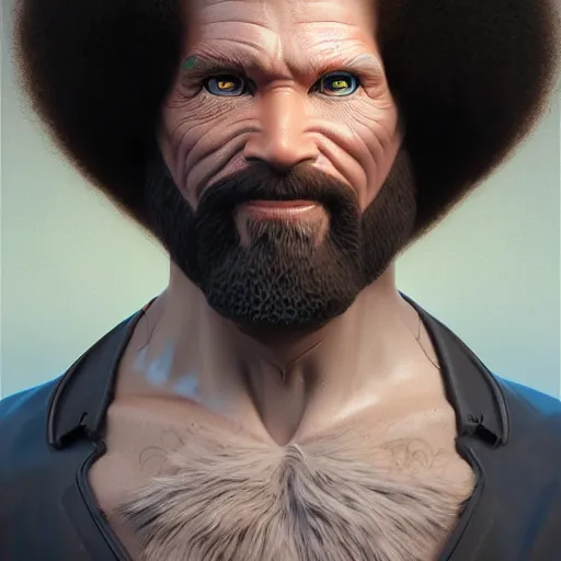 Image similar to bob ross cyborg. multi colored digital eyes, art by artgerm and greg rutkowski and alphonse mucha, concept art, octane render, unreal engine 5, highly detailed, high quality, 8 k, soft lighting, realistic face, path traced