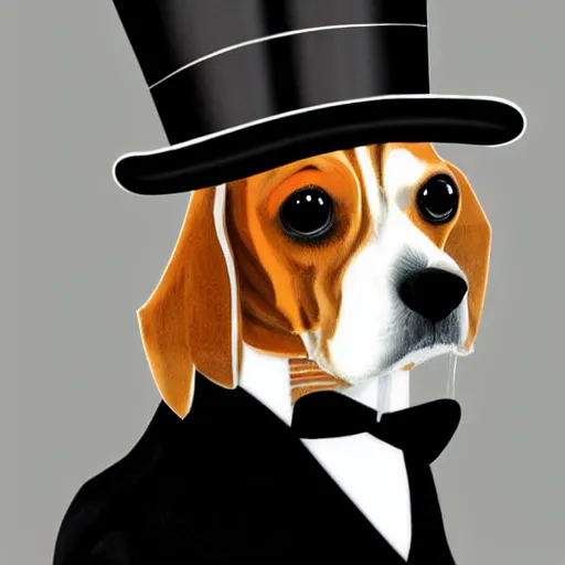 Image similar to beagle wearing a top hat in a portrait art style