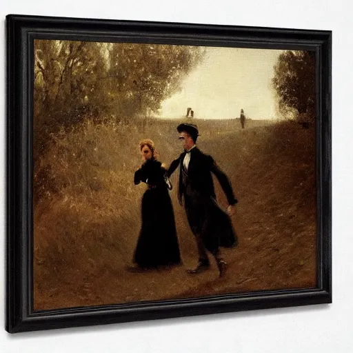 Image similar to young victorian man and woman traversing a dark maze, by alfred stevens