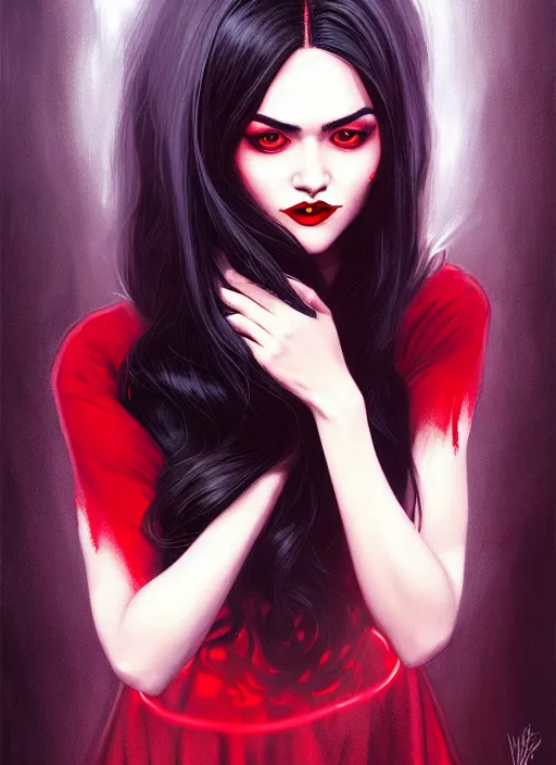 Image similar to portrait of vampire veronica lodge with bangs, vampire fangs, vampire, long hair, red clothes, bangs, vampironica, intricate, elegant, glowing lights, highly detailed, digital painting, artstation, concept art, smooth, sharp focus, illustration, art by wlop, mars ravelo and greg rutkowski