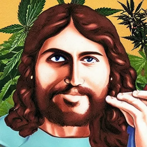 Image similar to jesus holding a bag of weed, happy, red eyes