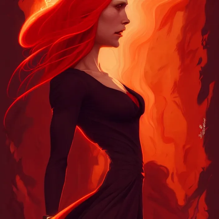 Image similar to style artgerm, joshua middleton, gerald brom, beautiful kristen bell with dark red dress, very long orange hair, symmetrical face, symmetrical eyes, fire powers fire swirling, detailed, volcano setting, cinematic lighting