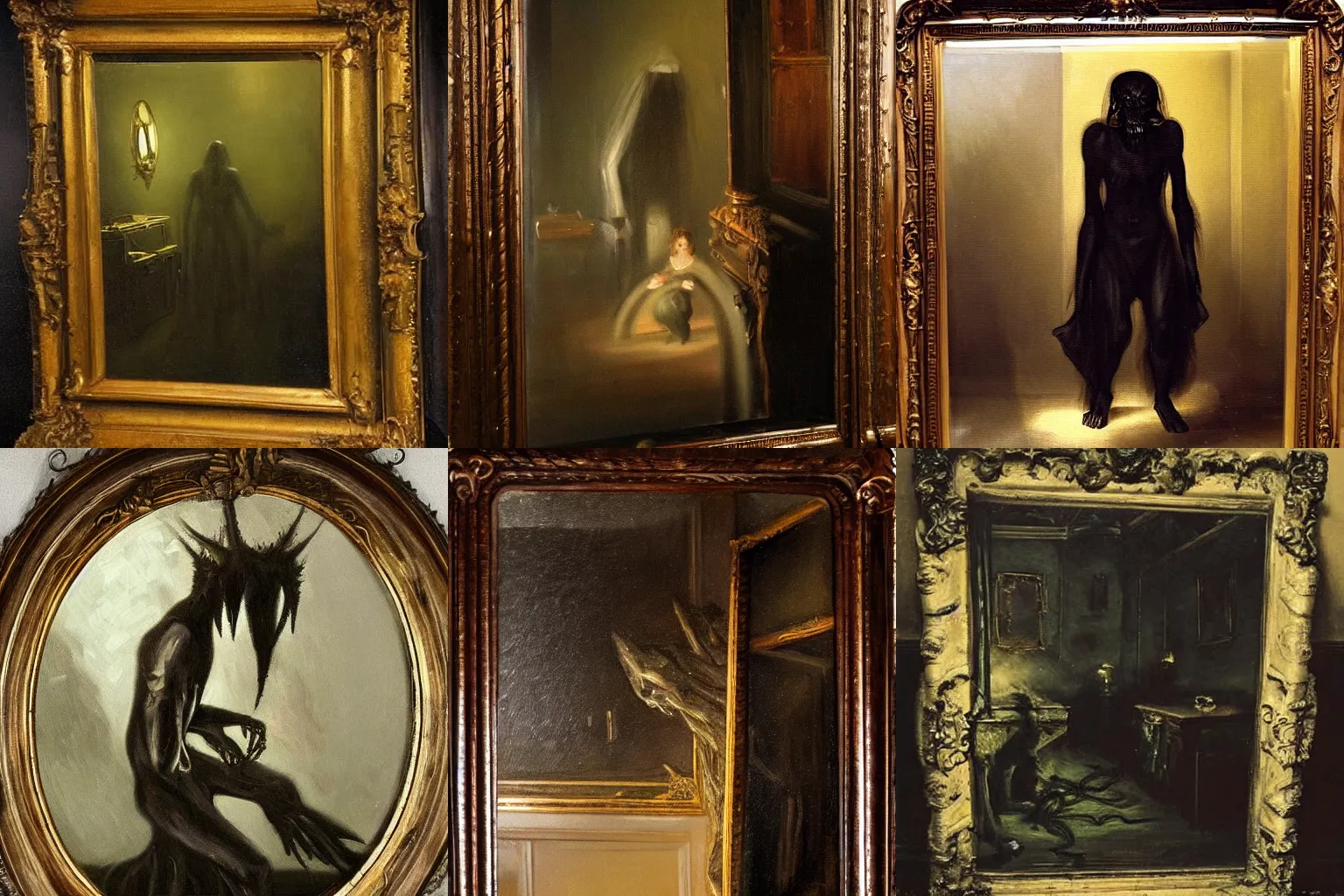 Prompt: A shadowy humanoid monster crawling out of a mirror in a fancy victorian room, foreboding atmosphere, creepy, hauntingly beautiful oil painting