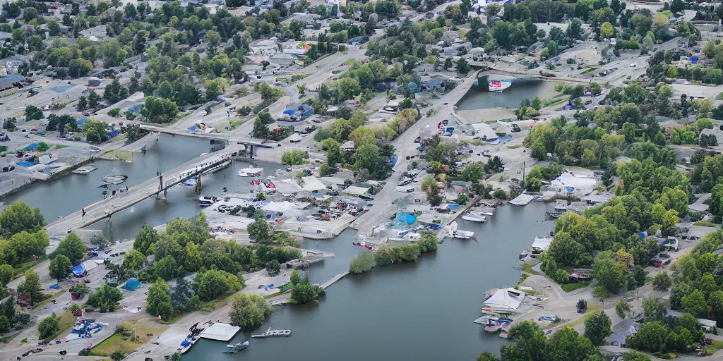 Image similar to bird's eye view of a small city, trailer park, a road, bridge, and inlet with docking area. town hall. photography