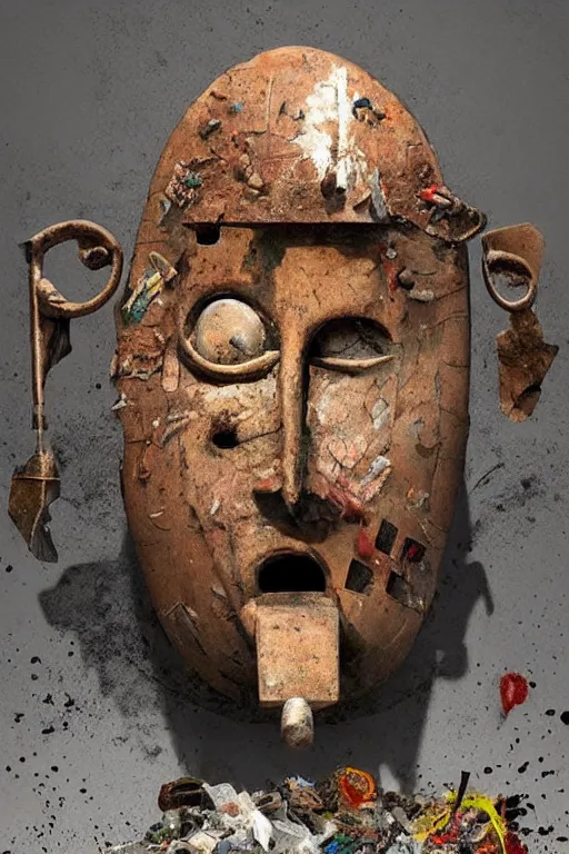 Prompt: an beautiful abstract ancient mask with wide open mouth, vomiting electric waste and trash, hyper-realistic environment, Epic concept art