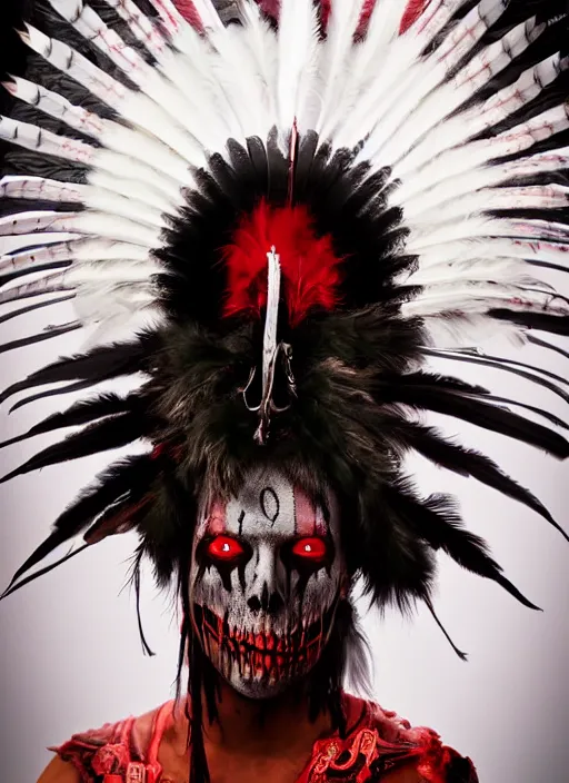 Image similar to the ghost - spirit of the grim - warpaint wears the scarlet skull armor and native blood headdress feathers, midnight fog - mist!, realism, cinematic lighting, various refining methods, micro macro autofocus, ultra definition, award winning photo