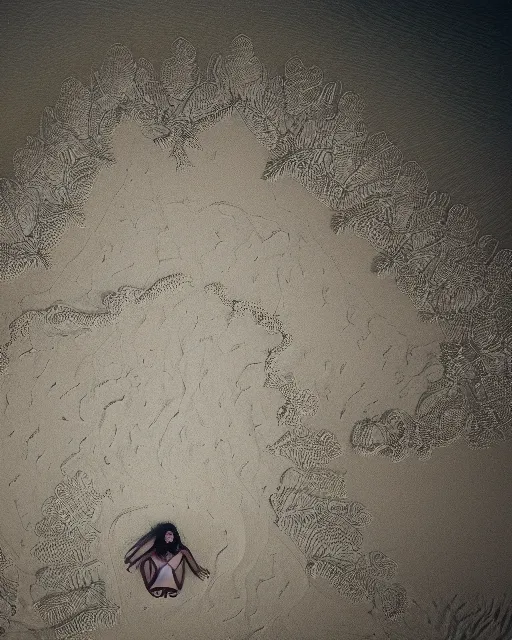 Image similar to a woman sitting on a beach, made of intricate decorative lace leaf skeleton, shot from a drone, in the style of the dutch masters and gregory crewdson, dark and moody