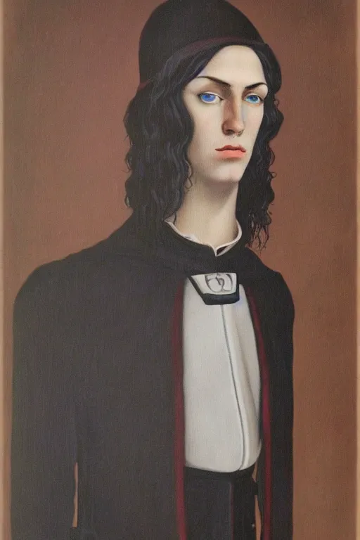 Prompt: portrait of beautiful young gothic man, warhammer, the middle ages, highly detailed, artstation, illustration, art by rene magritte