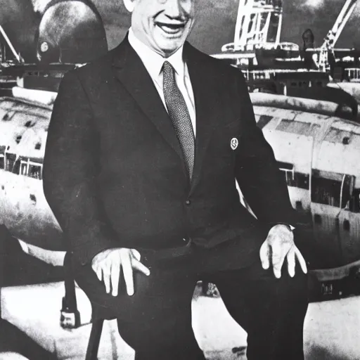 Prompt: portrait of Benjamin Netanyahu grinning and crossing arms, Hindenburg disaster in background, colored, rich vivid colors, official media, HQ