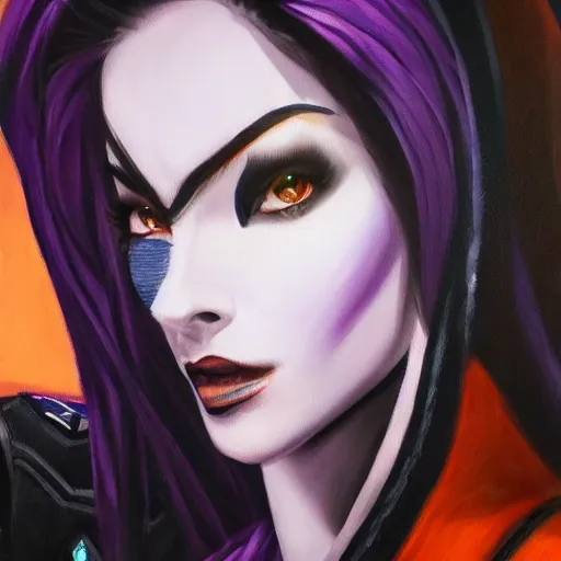 Image similar to oil painting of widowmaker from overwatch in the desert, black and purple jacket, beautiful face, detailed eyes, very detailed face, feminine face, full body