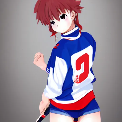 Image similar to cute anime girl ice hockey player, wearing a light futuristic habs jersey, blue white and red color blocking, character concept exploration, akira, ghost in the shell, outfit designs, trending on artstation, photorealistic, 8k