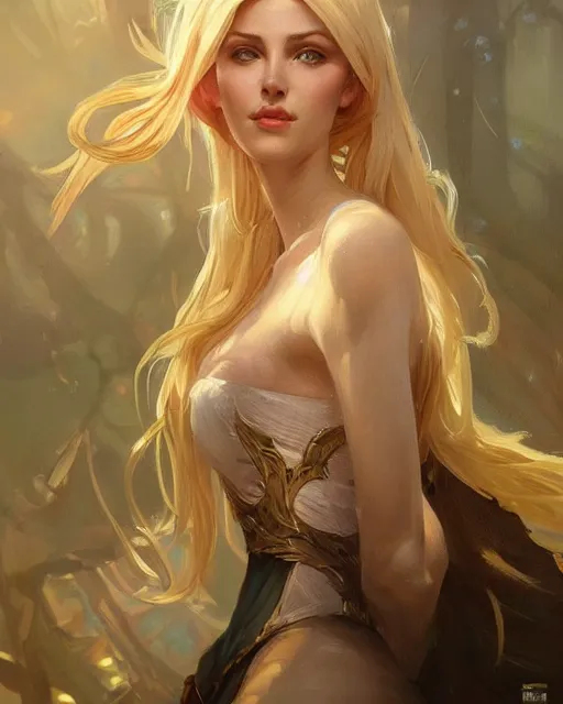 Image similar to '' Portrait of Beautiful blonde Slavic woman in her early 30’s, league of legends, LOL, fantasy, d&d, digital painting, artstation, concept art, sharp focus, illustration, art by greg rutkowski and alphonse mucha ''