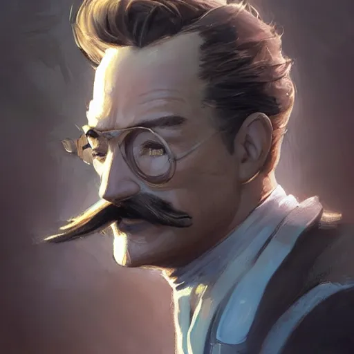 Image similar to a highly detailed epic cinematic concept art CG render digital painting artwork costume design: Errol Flynn as a 1950s sly engineer with a thick moustache. By Greg Rutkowski, Ilya Kuvshinov, WLOP, Stanley Artgerm Lau, Ruan Jia and Fenghua Zhong, trending on ArtStation, subtle muted cinematic colors, made in Maya, Blender and Photoshop, octane render, excellent composition, cinematic atmosphere, dynamic dramatic cinematic lighting, aesthetic, very inspirational, arthouse