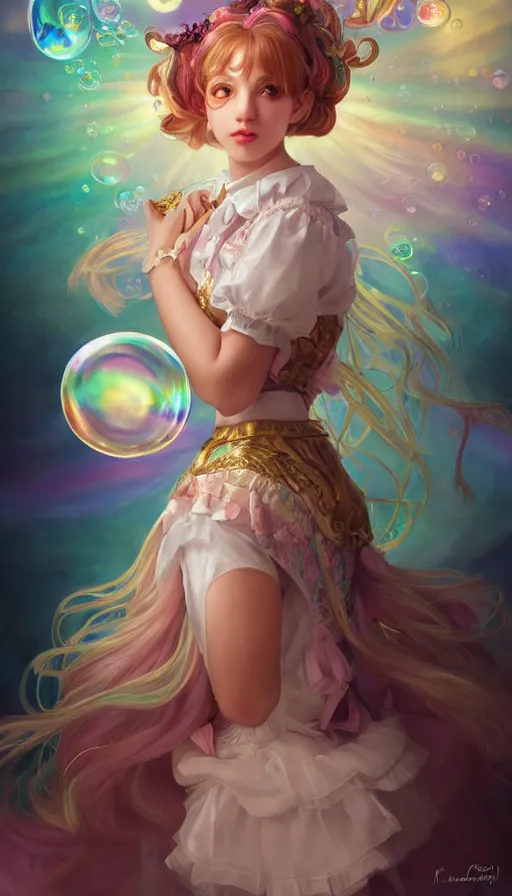 Image similar to portrait of magical lolita girl, dreamy and ethereal, expressive pose, big gold eyes, exciting expression, fantasy, intricate, elegant, many rainbow bubbles, rose tones, highly detailed, digital painting, artstation, concept art, cyberpunk wearing, smooth, sharp focus, illustration, art by artgerm and greg rutkowskiand alphonse mucha