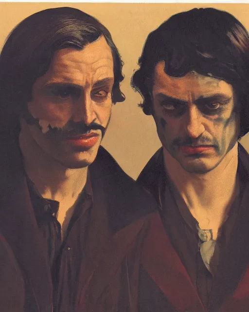 Prompt: two beautiful but sinister men wearing oxford shirts in layers of fear, with haunted eyes and dark hair, 1 9 7 0 s, seventies, wallpaper, a little blood, moonlight showing injuries, delicate embellishments, painterly, offset printing technique, by brom, robert henri, walter popp