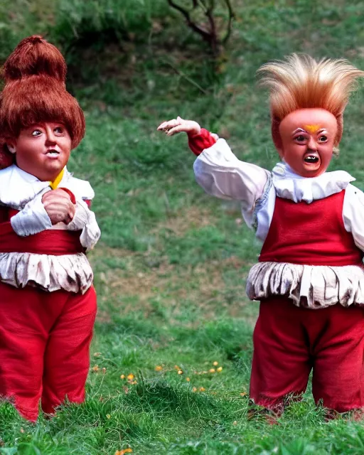 Image similar to dancing dwarf sized oompa loompas look just like donald trump, charlie and the chocolate factory, photorealistic