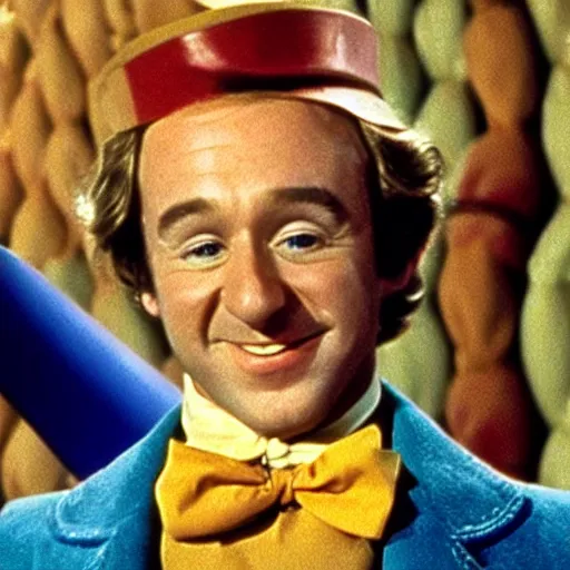 Prompt: a frame from the 1 9 7 1 movie willy wonka and the chocolate factory, starring tim allen, portrait, in focus, smiling