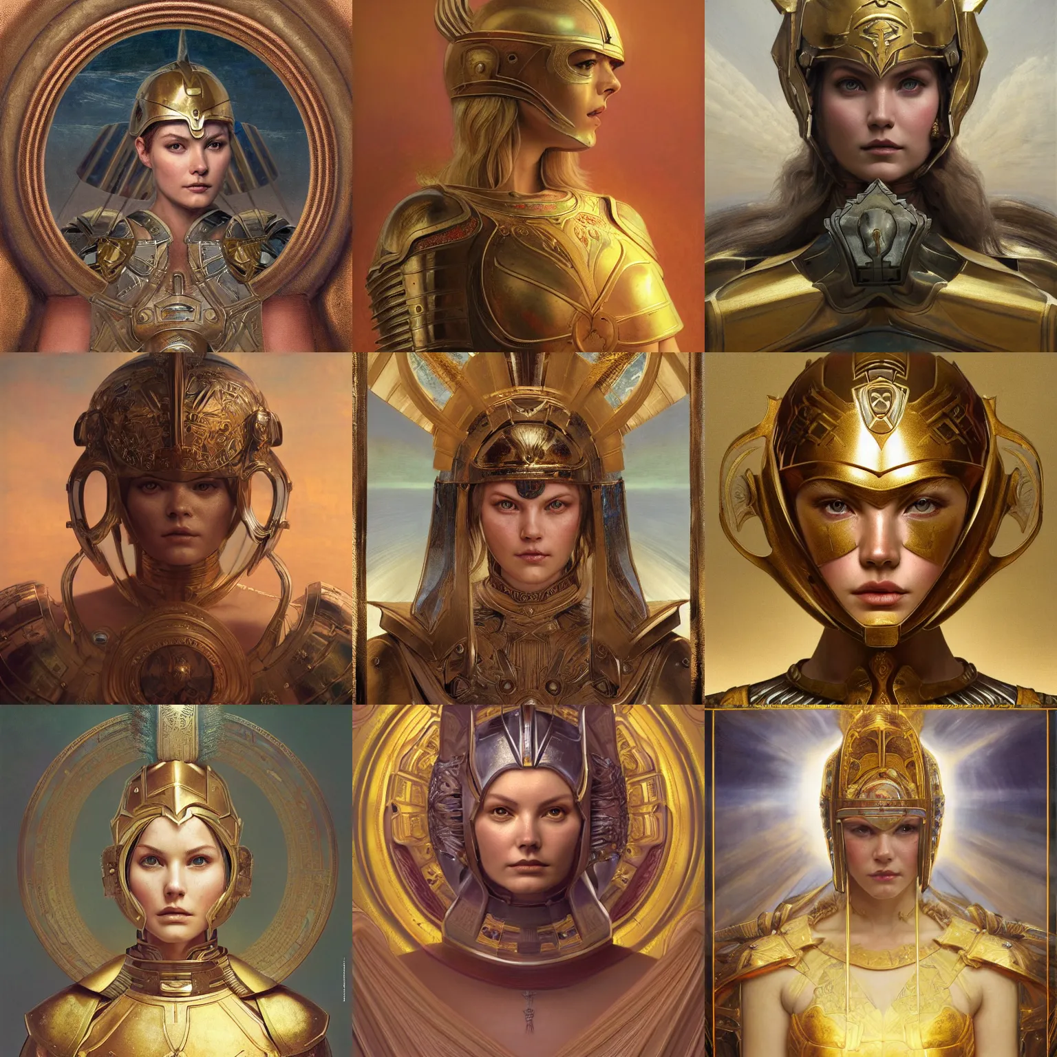 Prompt: masterpiece head-on symmetrical centered painted portrait, Elisha Cuthbert as a female warrior paladin, golden halo, saintly, glorious, wearing full metal armour, by Edgar Maxence, by Ross Tran, by Zdzisław Beksiński, by Michael Whelan, by Mucha, 8k, octane render