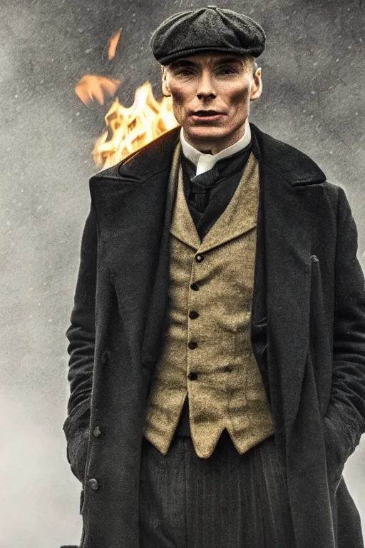 Prompt: Cillian Murphy in Peaky Blinders standing with his back to the fire, portrait